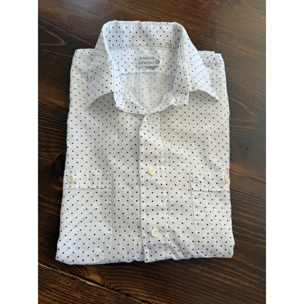 VTG 70s Jordan Marsh Mens Polka Dot Short Sleeve Button Down Shirt White Blue L